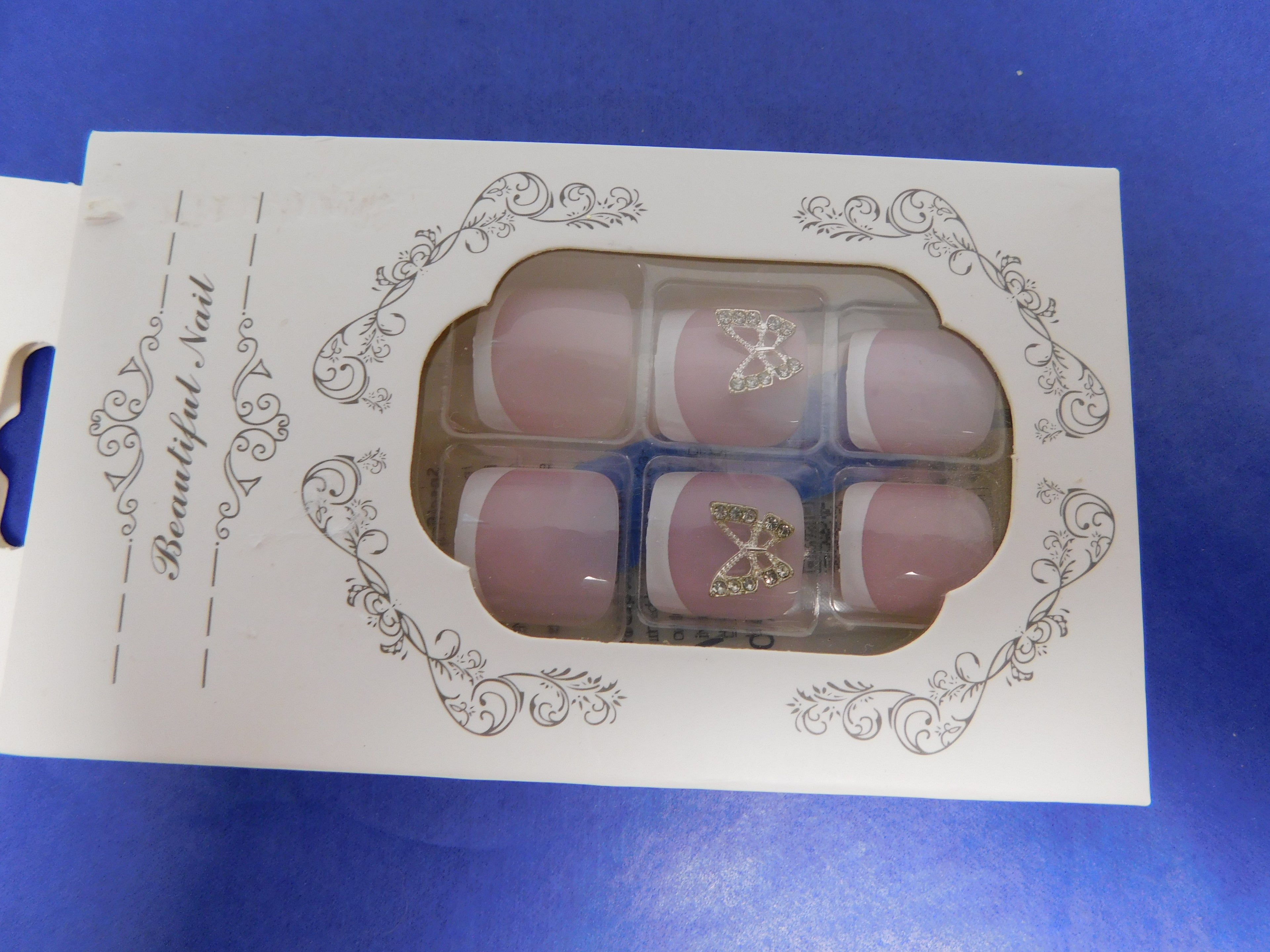 Press on toe nails French manicure with rhinestone butterflies