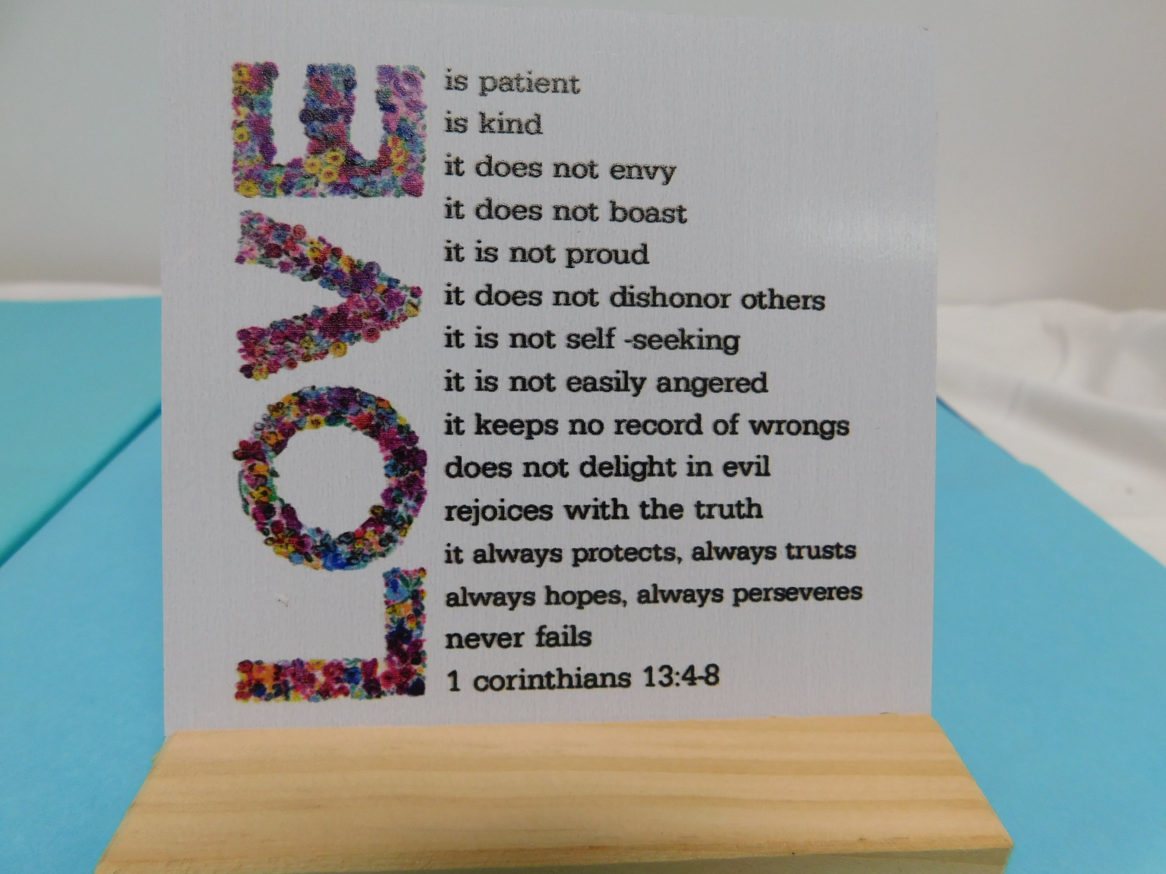 Wooden Plaque with Corinthians 13:4-8