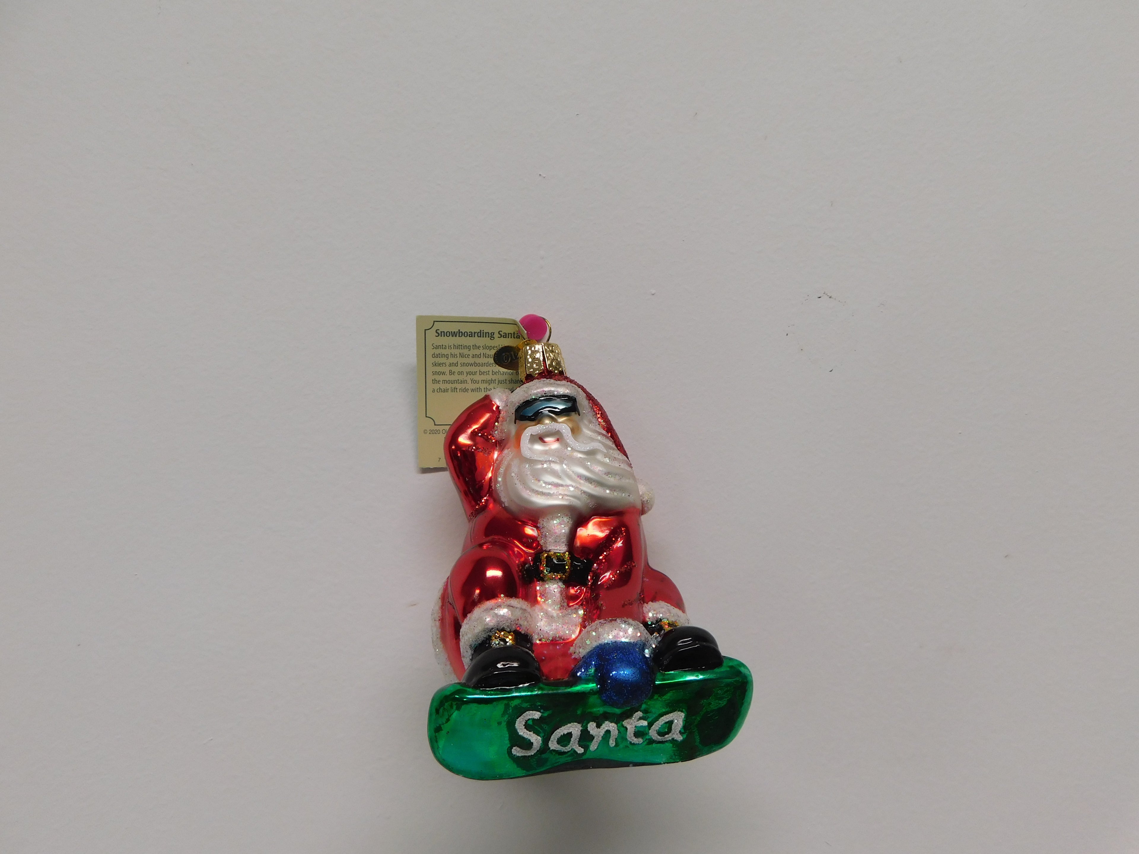 Blown Glass Snowboarding Santa Ornament